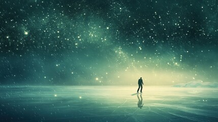 Fototapeta premium A solitary figure stands on an icy surface under a starry sky, evoking a sense of wonder.
