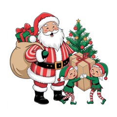 Fototapeta premium Cheerful cartoon illustration of Santa Claus delivering a sack of gifts while two happy Christmas elves excitedly handle a present near a festive tree.
