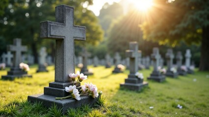 Easter blooms adorn a weathered cross in a serene cemetery at dawn, celebrating renewal and remembrance on this peaceful spring morning