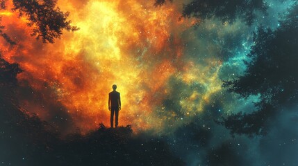 Fototapeta premium Standing in a vibrant forest surrounded by swirling cosmic colors during twilight hours