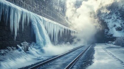 Obraz premium A winter scene featuring icy train tracks and frozen waterfalls near a tunnel.