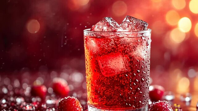 Sparkling red water soda with ice cubes. Summer iced drink, homemade summer drink. 4K Video