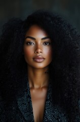 Fototapeta premium A woman with long, curly hair is standing in front of a dark background