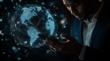 visualisation of digitalization, a person holding a phone with digital icons showing the advancement of technology