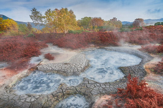 View of colorful geothermal hot springs with steam and cracked earth in Kronotsky National Park, Kamchatka, Russia.