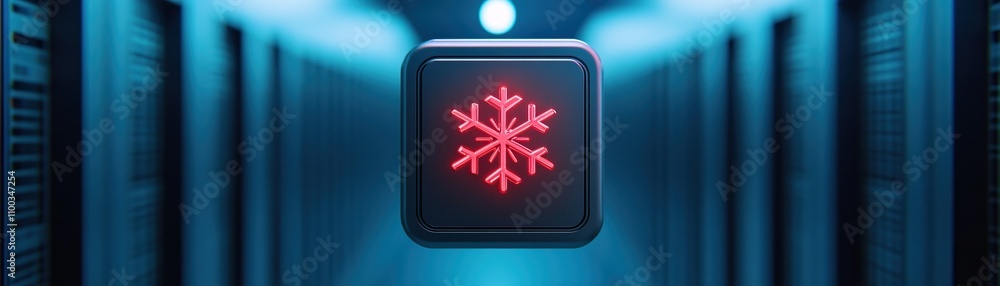 Poster a glowing red snowflake symbol against a cool blue backdrop, suggestive of temperature control in a 