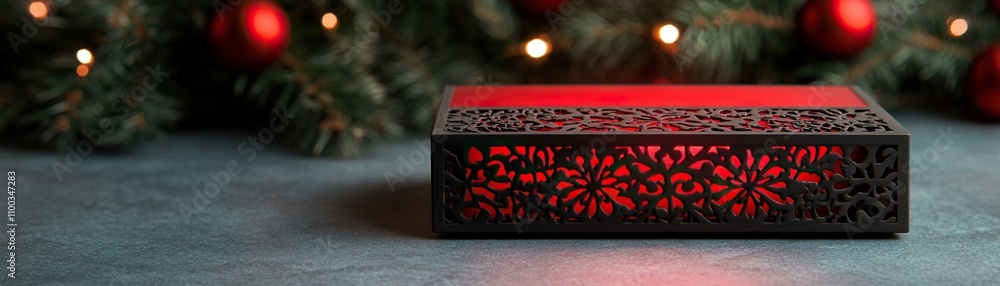 Poster a decorative box with intricate patterns, illuminated in red, set against a backdrop of christmas gr