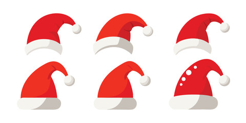 Set Collection of santa claus christmas hats clipart vector in different positions on white background
