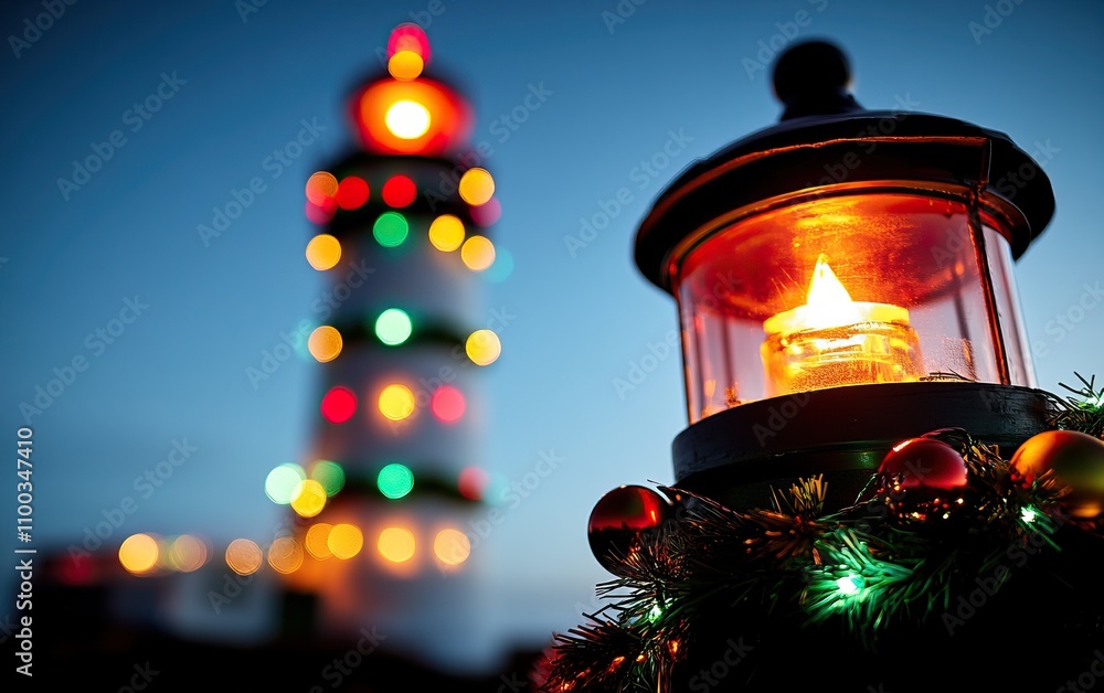 Poster a festive lighthouse scene with a glowing lantern in the foreground, decorated with colorful lights,