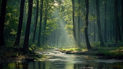 Obraz premium Sunlight Filtering Through Tall Trees onto a Stream