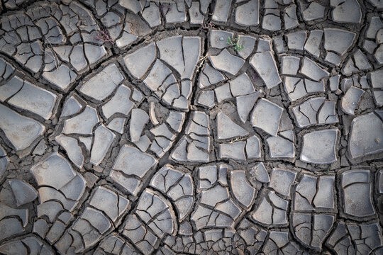 View of cracked earth with natural patterns in a dry and barren landscape, Elton, Russia.