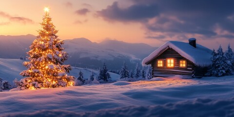 a Christmas tree with candles stands in the snow next to a lonely romantically lit hut in mountains
