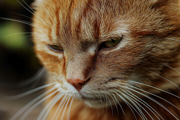Close-up of a focused orange cat outdoors in natural light