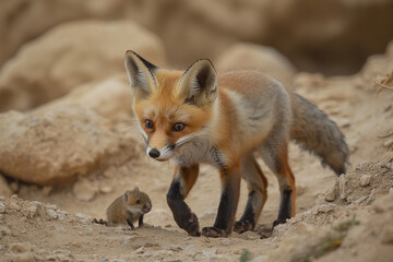 Red fox and small rodent explore arid landscape together