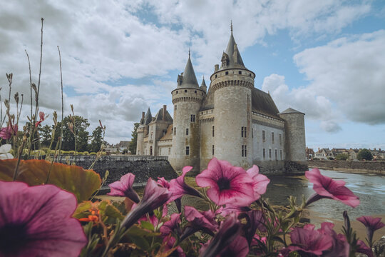 View of Chateau de Sully Sur Loire surrounded by vibrant flowers and a tranquil moat, Sully-sur-Loire, France.