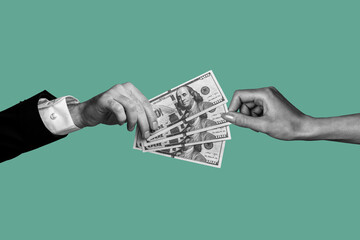Composite photo collage of hands hold dollar capital banknotes income share donation support...