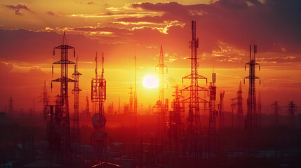 Fiery Sunset Silhouette of Communication Towers