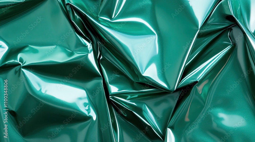 Poster a shiny, crumpled fabric in deep teal, showcasing reflections and texture that create visual intrigu