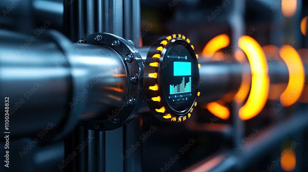 Poster a close-up view of a futuristic control panel with glowing indicators, embedded on a sleek metallic 