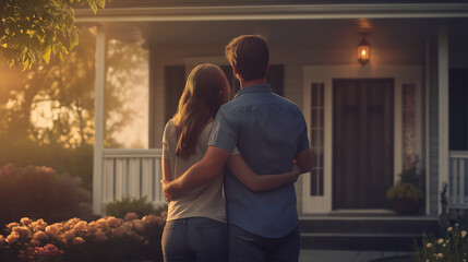 couple standing in front of their new home and hugging each other, embracing, their new home