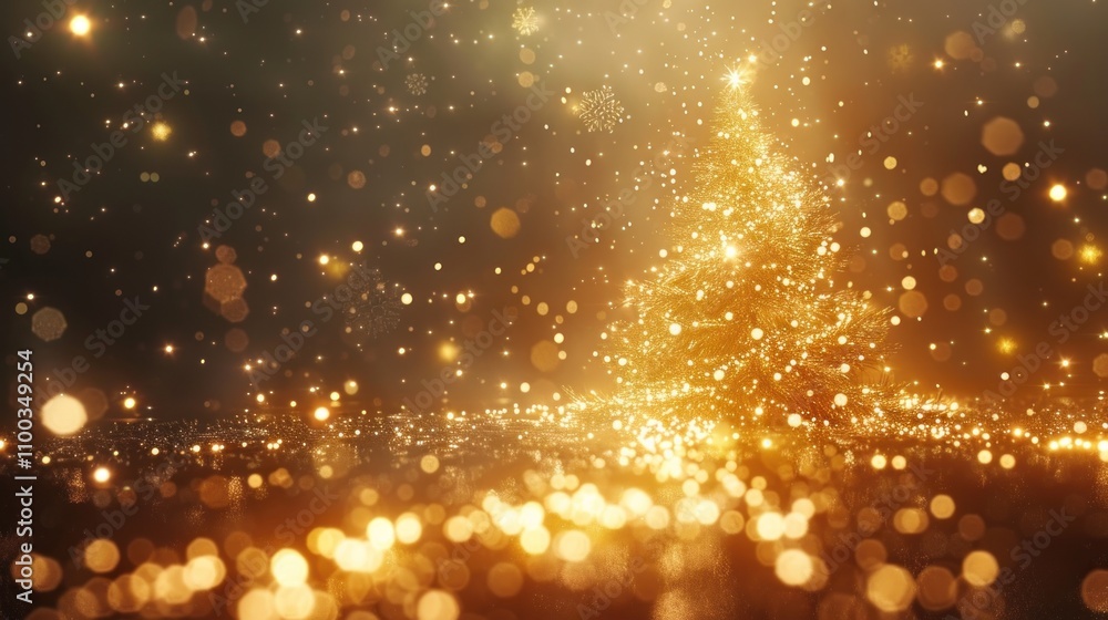 Poster sparkling golden christmas tree with bokeh lights and falling snow.