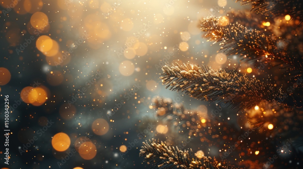 Poster glowing christmas tree branch with bokeh lights and snow.