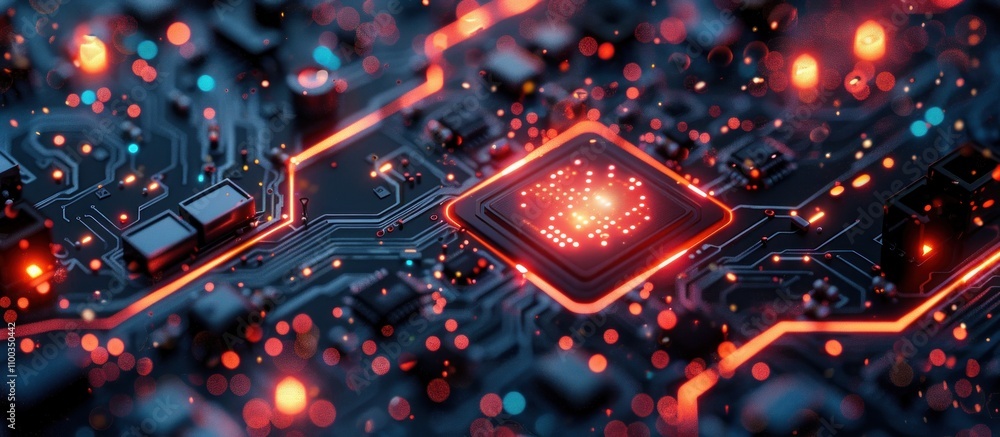 Poster illuminated central processing unit on a circuit board.