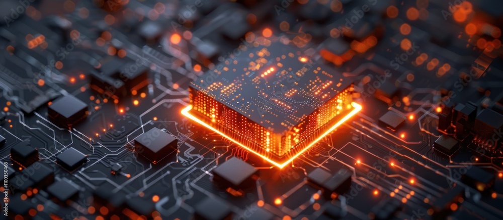 Poster glowing cpu on circuit board.