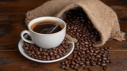 Cup of coffee with coffee beans laying on table in front of a bag