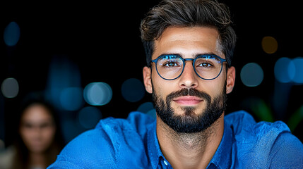 Obraz premium A focused young man with glasses and a beard, wearing a blue shirt, sits at a table, exuding confidence against a blurred background.