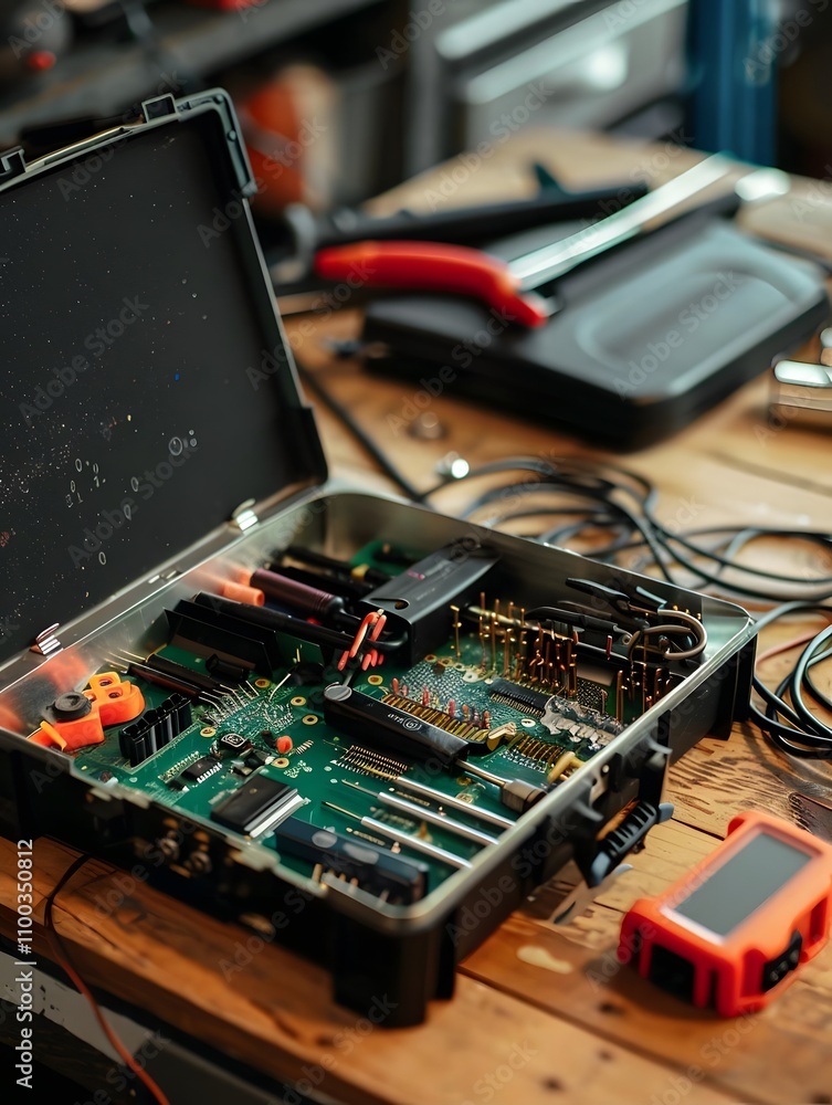Poster a detailed electronics toolkit with circuit boards and tools on a workbench.