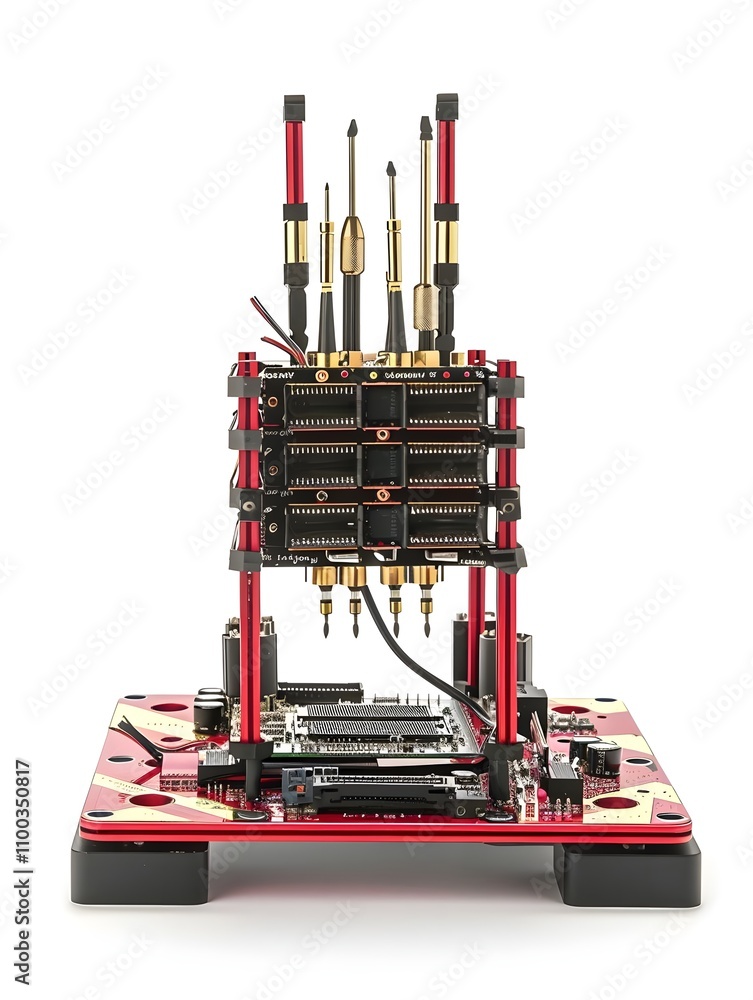 Aufkleber a stacked circuit board setup with antennas and connectors, likely for testing or communication.