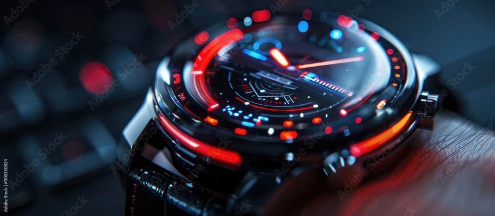 Poster futuristic smartwatch with red illuminated display on a wrist.