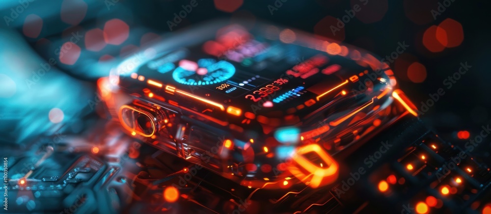 Poster futuristic transparent smartwatch with glowing display on circuit board.