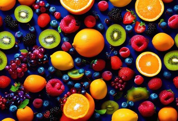 Fototapeta premium dynamic levitation vibrant fruits colorful backgrounds showcasing brightness energy, apple, orange, banana, grape, kiwi, strawberry, citrus, berry