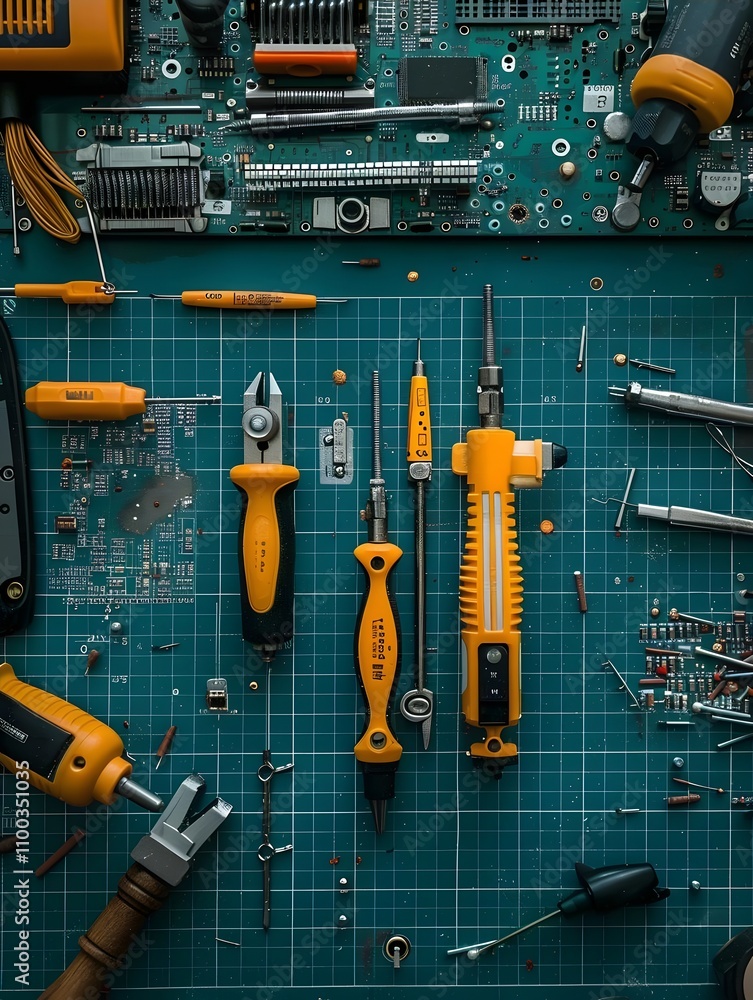 Poster a collection of tools arranged on a workbench for electronics repair and assembly.