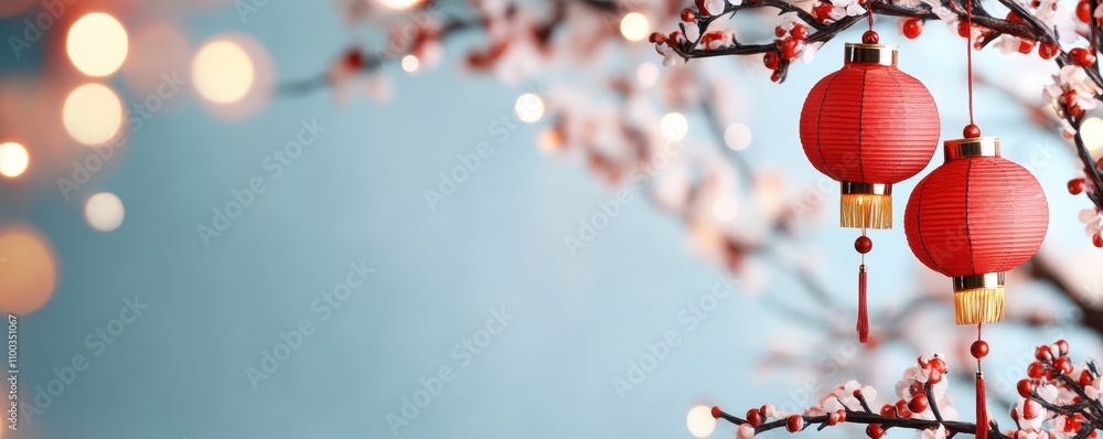 Aufkleber chinese paper tetin flashlight with a flowering tree branch on a background with copy space. cherry 