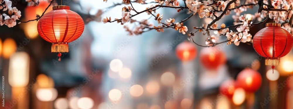 Poster chinese paper tetin flashlight with a flowering tree branch on a background with copy space. cherry 