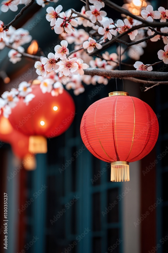 Poster chinese paper tetin flashlight with a flowering tree branch on a background with copy space. cherry 