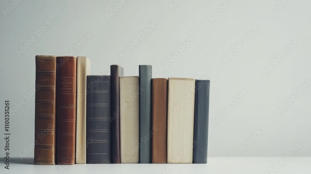 Aufkleber a collection of books from various genres is lined up against a minimalistic white background, highl
