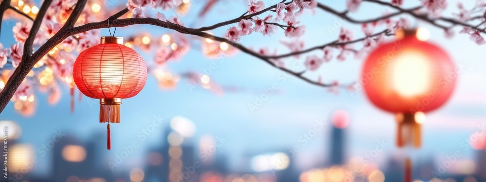 Poster chinese paper tetin flashlight with a flowering tree branch on a background with copy space. cherry 