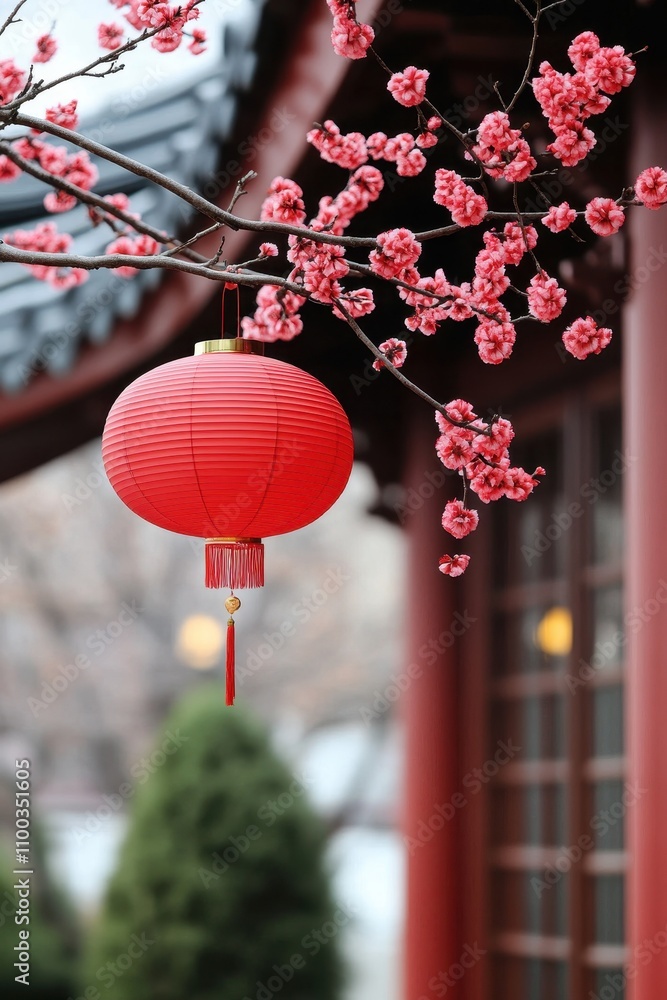 Aufkleber chinese paper tetin flashlight with a flowering tree branch on a background with copy space. cherry 