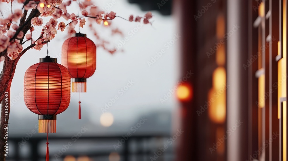Poster chinese paper tetin flashlight with a flowering tree branch on a background with copy space. cherry 