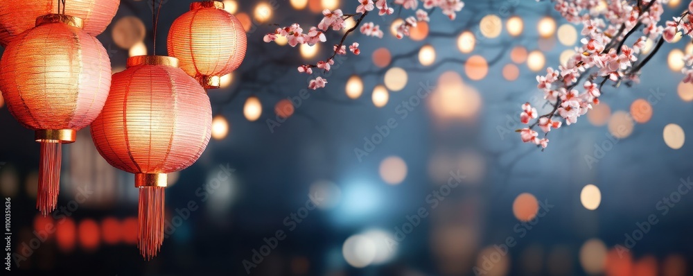 Aufkleber chinese paper tetin flashlight with a flowering tree branch on a background with copy space. cherry 