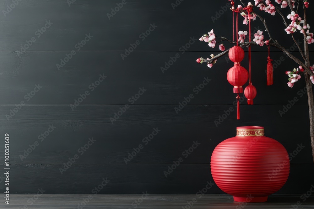 Aufkleber chinese paper tetin flashlight with a flowering tree branch on a background with copy space. cherry 