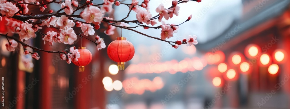 Aufkleber chinese paper tetin flashlight with a flowering tree branch on a background with copy space. cherry 