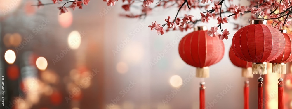 Poster chinese paper tetin flashlight with a flowering tree branch on a background with copy space. cherry 