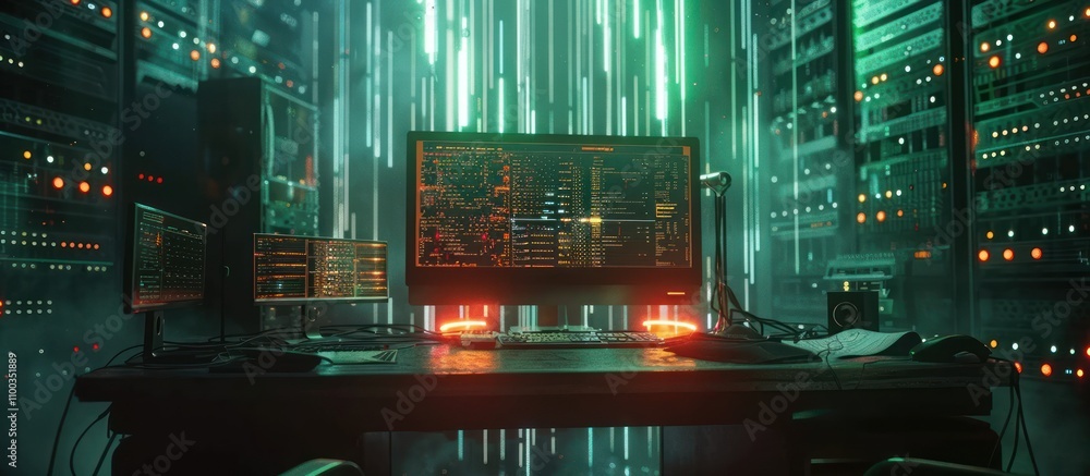 Poster hacker's workstation in a server room with glowing lines.