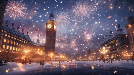 Obraz premium A festive winter scene with fireworks over a clock tower in a snowy cityscape.