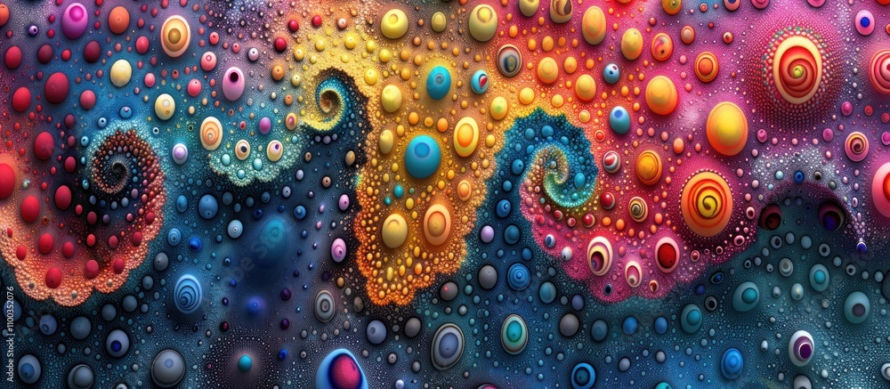 Poster abstract colorful fractal art with swirling patterns and vibrant spheres.